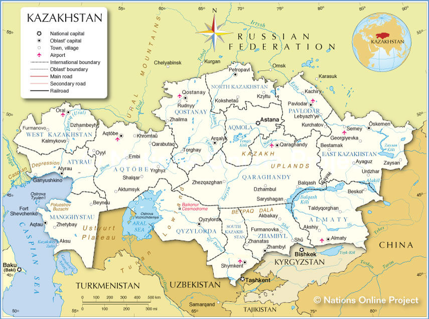 kazakhstan administrative map courtesy of Nations Online