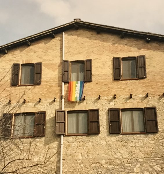 castle with rainbow flag